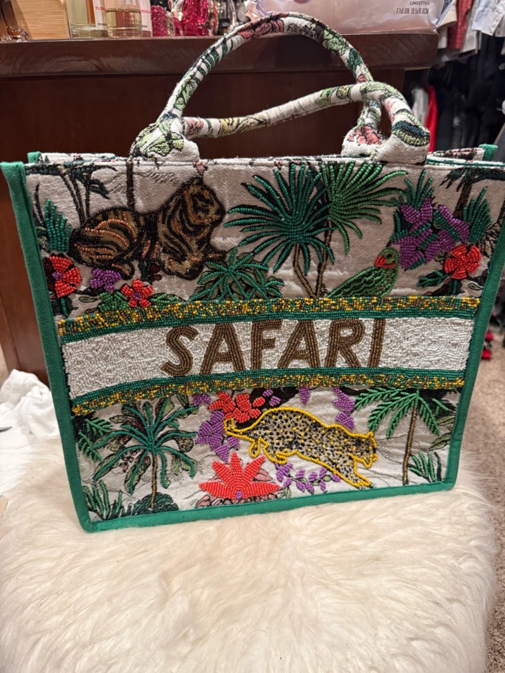 Safari Embroidered Tote Bag - Green Tropical Beadwork